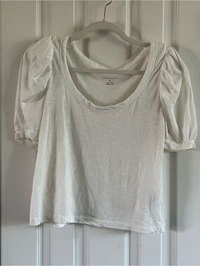 Anthropologie White Puff Sleeve Scoop Neck Tee Top Medium